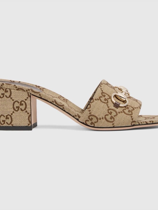 Gucci Shoes - Gucci Tan GG Canvas Horsebit Slide Sandals with Gold Hardware